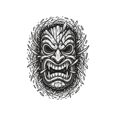 Aggressive Polynesian tiki mask illustration with sharp teeth and wooden textures in a vintage woodcut engraving style.