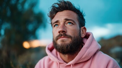 Fototapeta premium A contemplative man with a beard and blue eyes gazes thoughtfully towards the sky while wearing a pink hoodie, surrounded by nature and soft evening light.