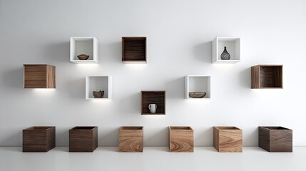 Modern wall mounted shelves with decorative objects against white background