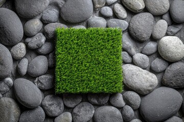 A captivating overhead view displays a vibrant square patch of green artificial grass, meticulously placed amidst a field of various smooth, dark gray and black river stones and pebbles. The striking 