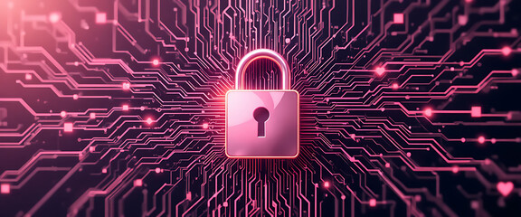 Futuristic digital protection background, crimson neon lock, glowing particles, abstract binary grid