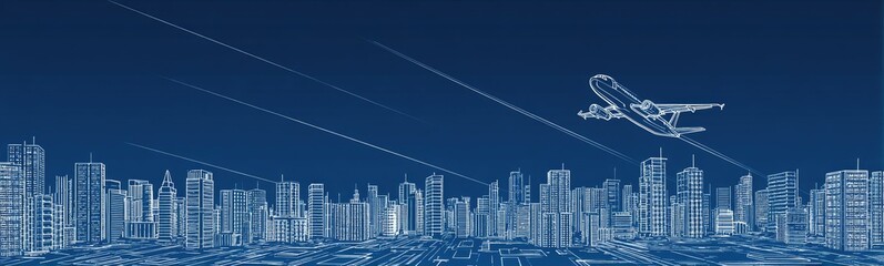 Blueprint cityscape with airplane