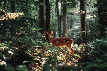 A beautiful young deer, a fawn with delicate white spots, stands gracefully amidst the lush, verdant undergrowth of a sun-dappled forest. Golden rays of sunlight filter through the dense canopy, creat