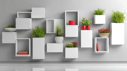 Modern wall shelves with plants and decorative objects against a gray background