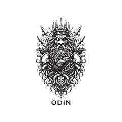 Odin norse god mythology character with ravens and spears illustration in vintage woodcut engraving style.