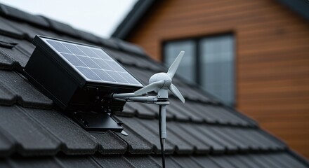 A residential home is equipped with both solar panels and a wind turbine to generate hybrid renewable energy. Concept of a hybrid solar and wind home energy system.
