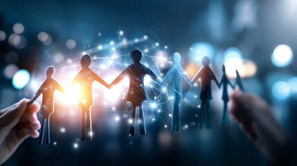 Abstract image features connected silhouettes in circle faceless, figures joined together representing teamwork community, evokes network technology partnership digital transformat
