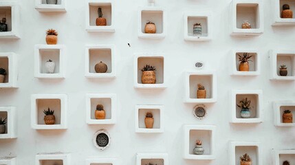 Display of potted plants on a white wall in a geometric arrangement