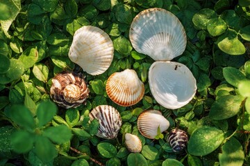 A serene overhead composition showcases an appealing variety of natural seashells and spiral snail shells nestled amidst lush, vibrant green foliage. Delicate dewdrops glisten on the intricate leaves,