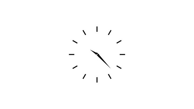 Seamless 12-hour clock dial animation with moving hour hands and time-lapse effect, showing hours passing on a clean white background, perfect for time concept, motion graphics.