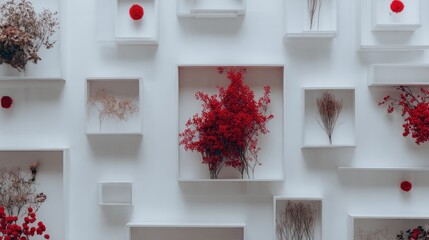 Abstract floral display with red and white elements against a modern wall