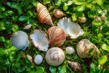 A vibrant top-down composition showcases an artful arrangement of diverse seashells and conch shells, nestled delicately within a lush bed of rich green foliage. The natural light highlights the intri