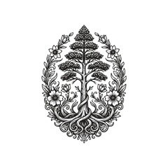 Mystical pine tree of life with blooming flowers and intricate roots in vintage woodcut engraving style.