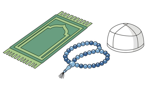 Islamic Prayer Items Vector Illustration: Peci, Prayer Mat, and Tasbih