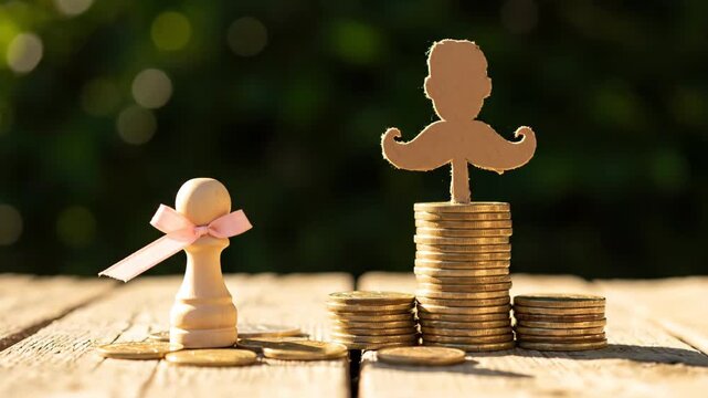 Wooden chess piece adorn with a bow, and stack of coins featuring a silhouette on wooden surface, captured in bright light
