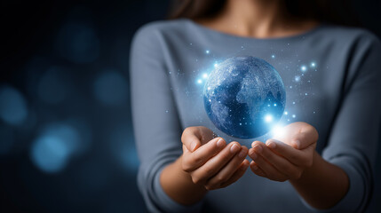 Person holding glowing digital globe faceless, blue world map in hands represents global network and connections, worldwide communication tech and modern innovation concept, cyber 