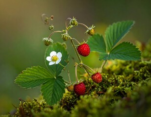 Wild Strawberry Plant with Berries and Flower in Moss.