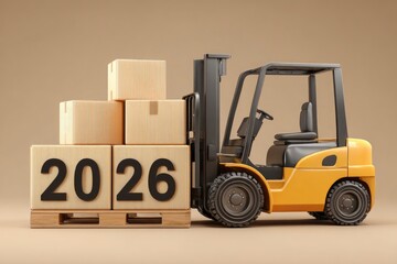 This vibrant 3D rendering depicts a modern yellow forklift maneuvering a stack of corrugated cardboard boxes on a wooden pallet against a clean, neutral background. The prominent numbers "2026" are di