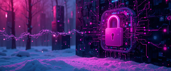 Abstract cyber security wallpaper, rosy neon lock, shimmering metallic surface, Valentine gradient, bokeh glow