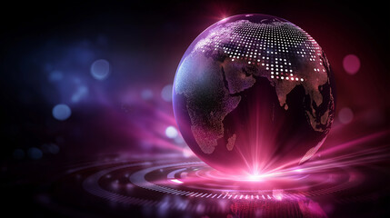 Globe with dot pattern glowing in pink purple shades, earth model reflects innovation connectivity, global network with node connection light effects, digital world map visualizes 