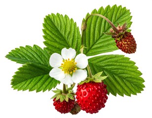 Wild Strawberry Delight - A Close-Up of Berries, Flower, and Leaves.