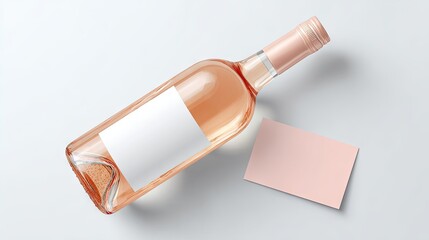 Rose wine bottle with blank label and note card on white background