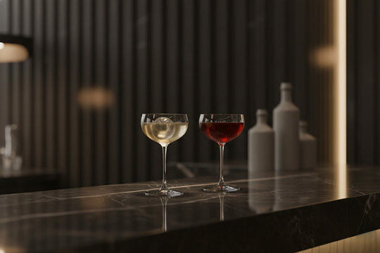Wine Glasses on Bar: Two elegant wine glasses, one holding a radiant red wine and the other a crisp white, sit poised on a sleek, dimly-lit bar.