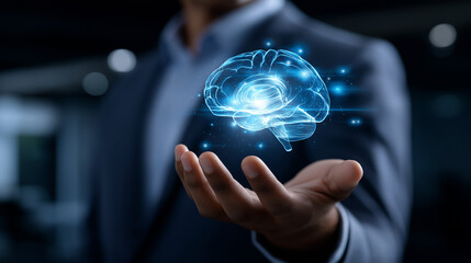 Businessman holding glowing blue brain hologram faceless, symbolizing AI technology in business and marketing, visualizes new tech data networks communication future innovation in 