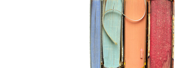 Row of books with flat lay.Reading,learning,education, literature concept.Isolated on transparent background. Pnorama format, large copy space.