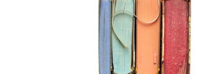 Row of books with flat lay.Reading,learning,education, literature concept.Isolated on transparent background. Pnorama format, large copy space.