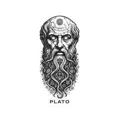 Ancient Greek philosopher Plato portrait illustration with mystical symbols in vintage woodcut engraving style.