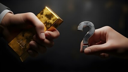 Hands exchanging gold bar and question mark symbol in dark setting