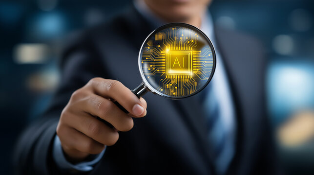 Businessman holding magnifying glass focused on AI sign faceless, yellow circuit board, artificial intelligence search concept technology data analysis, innovative future tech solu - Powered by Adobe