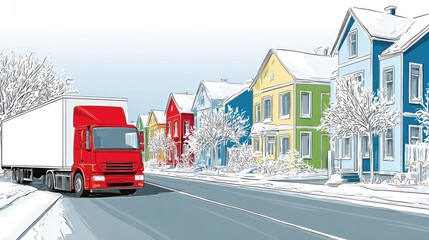 Delivery truck driving on road near colorful houses illustration