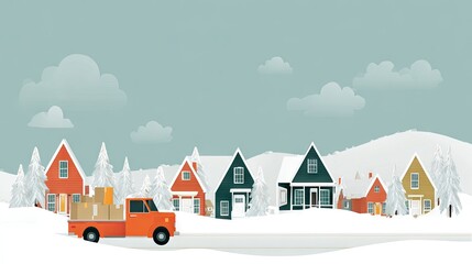 Winter scene of houses and truck carrying packages in a snowy landscape
