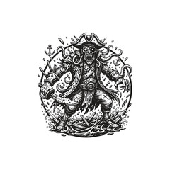 Undead zombie pirate captain character with tentacles and anchor ornaments in vintage woodcut engraving style.