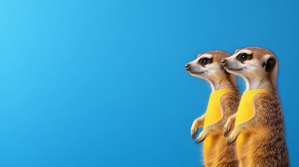 Two meerkats standing upright wearing yellow shirts against blue background, looking curious