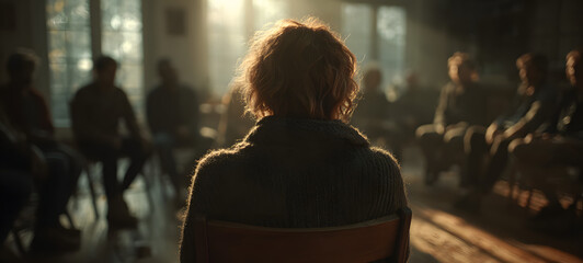 Group therapy session in progress. The image presents a back view of a woman leading a discussion in a warm, sunlit room surrounded by attentive participants seated in a circle.