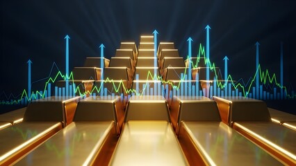 Golden bars with financial growth chart and upward arrows