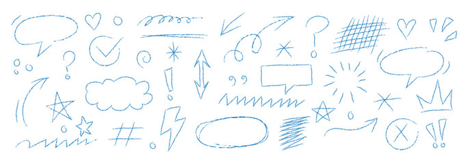 Obraz premium Crayon pencil hand drawn various oval, chalked arrows, check marks. Vector doodle marker drawing. Hand drawn charcoal symbols for diagrams. Freehand grunge red strikethrough and underline elements