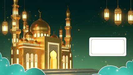 Golden mosque illustration with hanging lanterns and starry night sky