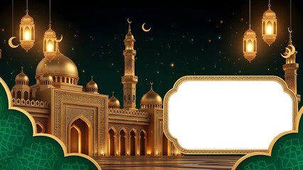 Islamic mosque background with lanterns and crescent moon at night