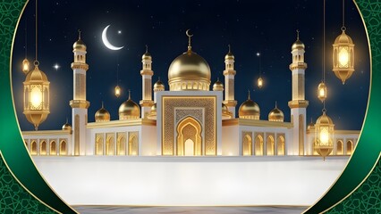 Illuminated Mosque with Crescent Moon and Lanterns at Night