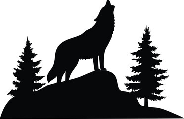 Lone Wolf Silhouette Howling on Hilltop Surrounded by Pine Trees