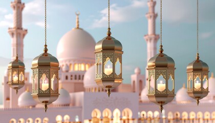 Traditional Arabian lanterns with mosque backdrop during sunset