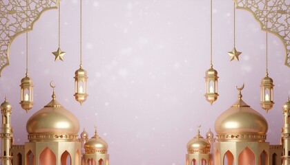 Elegant Islamic architecture with golden domes and lanterns on pastel background