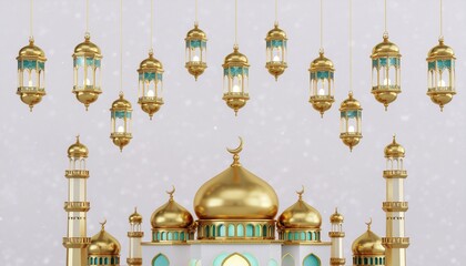 Golden mosque with hanging lanterns on a festive background
