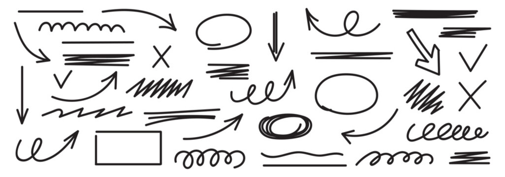 Black pencil hand drawn various oval, chalked arrows, check marks. Vector doodle marker drawing. Hand drawn charcoal symbols for diagrams. Freehand grunge black strikethrough and underline elements
