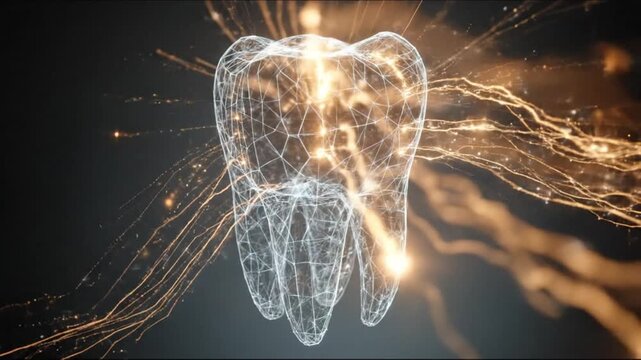A glowing wireframe tooth radiates electric sparks, a lattice of light against dark backdrop bright
