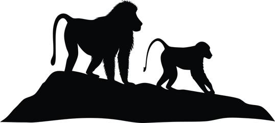 Majestic Baboon and Young Silhouette Walking Together on a Rocky Hilltop